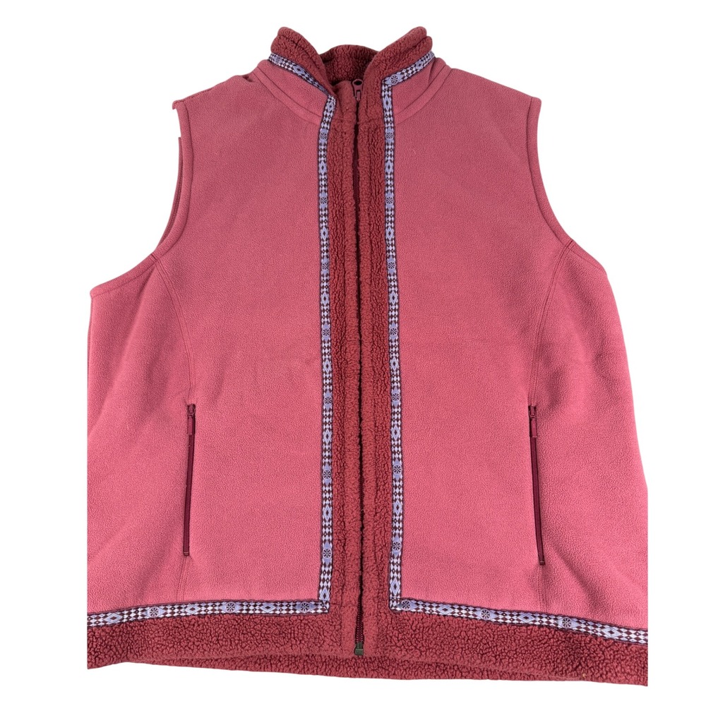 Cabelas Women Fleece Full Zip Vest Berry Pink Embroidered Trim Sherpa Accents XL
